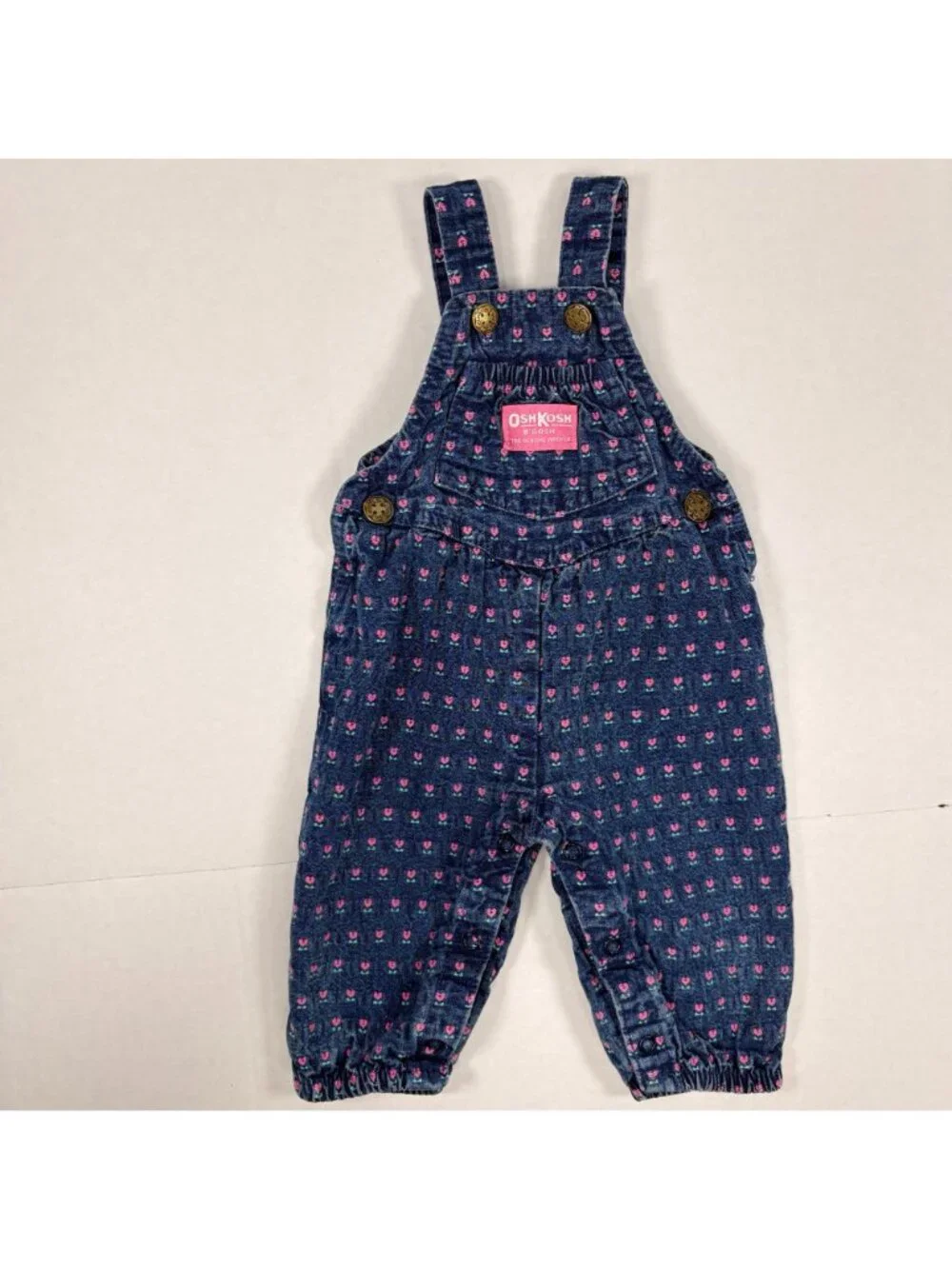 Vintage Oshkosh Baby Girl Tulip Floral Denim Bubble Overalls Romper 6m - 9m